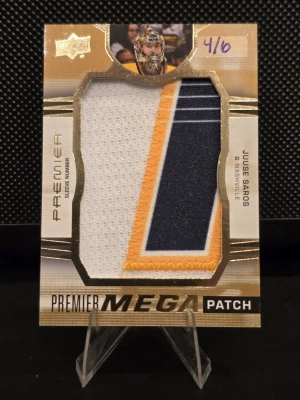 Juuse Saros 2021-22 UD Premier Mega Patch Sleeve Number Nashville Predators 4/6 front